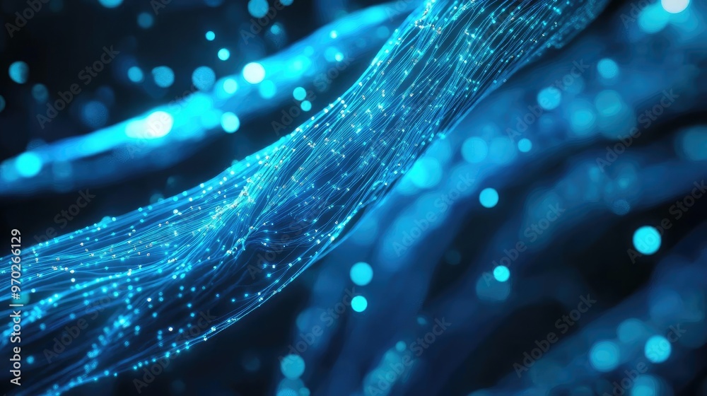 Poster A mesmerizing visual of flowing blue light waves, creating a sense of depth and dynamism, perfect for tech and abstract themes.