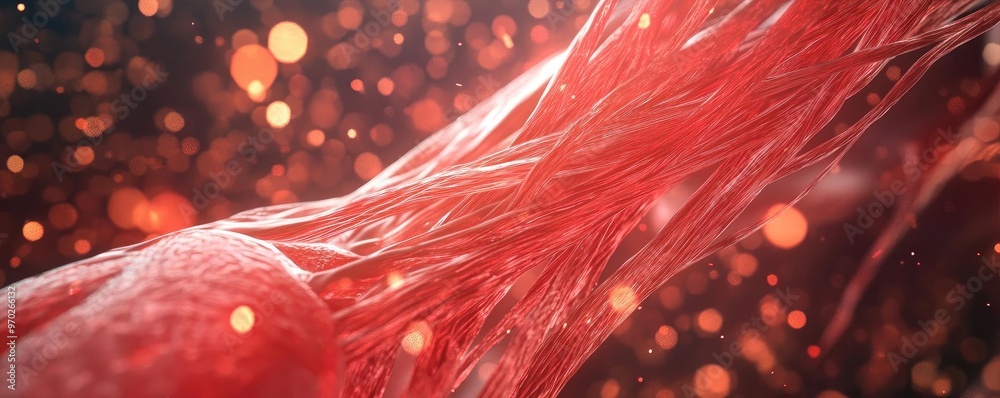 Aufkleber close-up view of interconnected red fibers, showcasing intricate details and textures, perfect for s