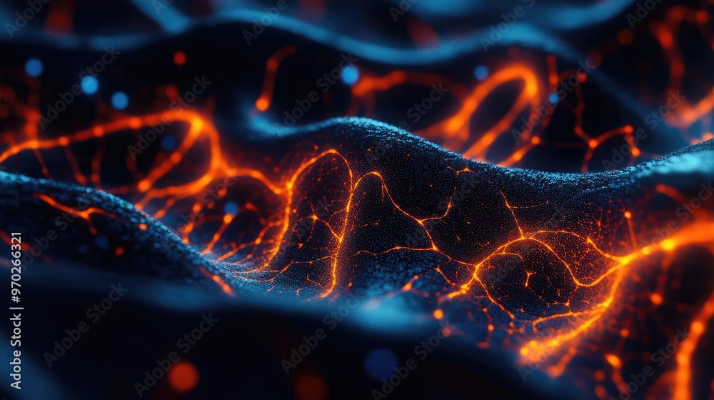 Poster Abstract visualization of vibrant waves with glowing patterns, showcasing a surreal interplay of light and texture in rich colors.