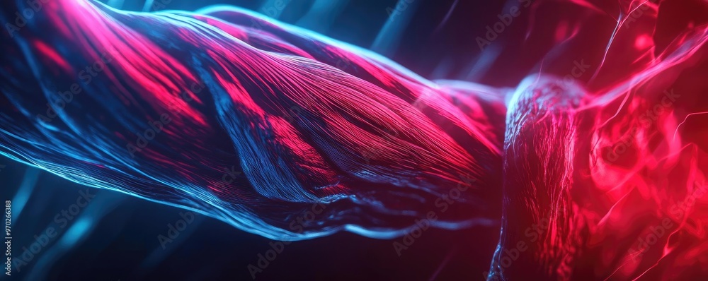Poster dynamic abstract representation of intertwined fibers, showcasing vibrant red and blue colors in a c