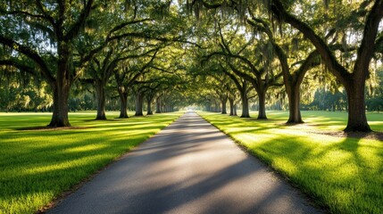 picturesque rural road with a canopy of oak trees draped in Spanish moss