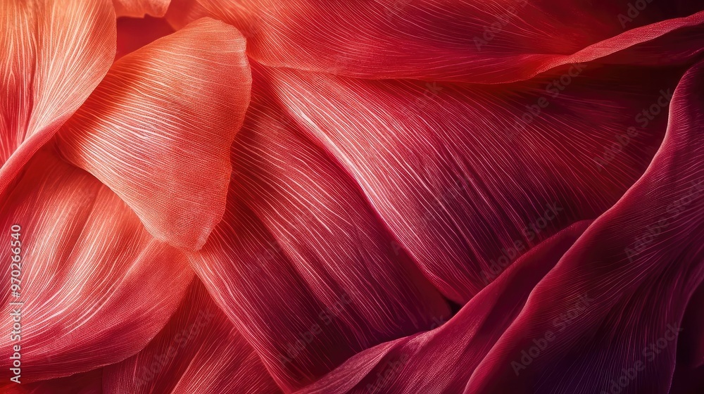 Poster a stunning close-up of vibrant red petal textures, showcasing intricate details and soft gradients i