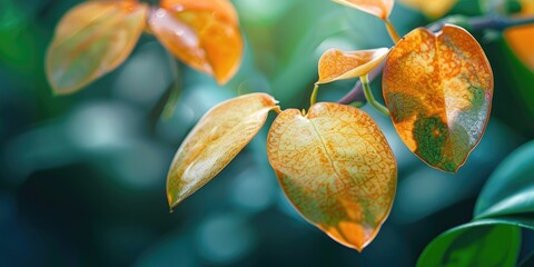 Selective focus on yellowing Phalaenopsis orchid leaves caused by root rot