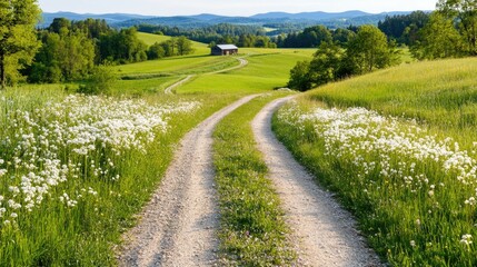 Obraz premium rustic dirt road leading through a lush, green valley, with wildflowers growing alongside and a distant farmhouse in view