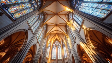 Obraz premium Gothic cathedral with intricate stained glass windows and towering spires