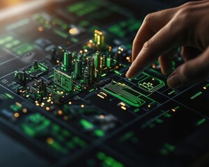 Obraz premium A close-up of a hand interacting with a futuristic circuit board, showcasing advanced technology and intricate design.