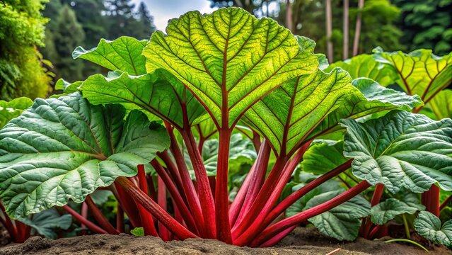 Wild rhubarb plant with large, heart-shaped leaves and tall reddish stalks emerging from the earth, reaching for the
