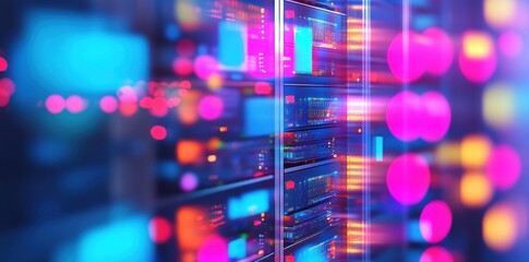 close-up view on server rack with data and connection lights in dark room background, abstract blurred banner for web design or graphic presentation