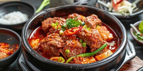 Fototapeta premium Spicy Pork Backbone Stew, Braised Pollack, Marinade Pork with Red Chili Paste, Korean Side Dishes, Authentic Korean Dishes, Refreshing Vegetable Salad, Healthy Dinner Choice.
