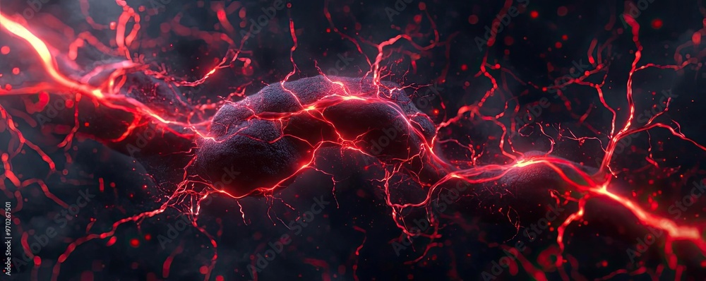 Poster a striking visual of red lightning energy surging through darkness, perfect for illustrating power, 