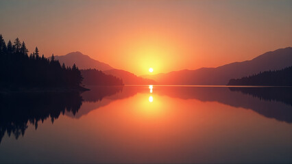 Fototapeta premium A beautiful sunset over a lake with mountains in the background