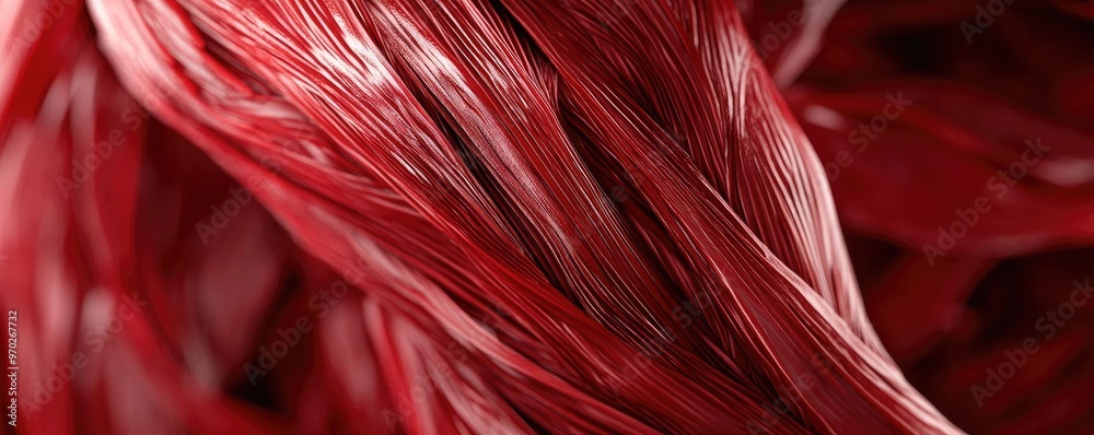 Aufkleber close-up of red fibers showcasing texture and color, ideal for backgrounds, textiles, or abstract ar