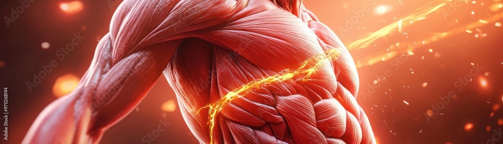 Poster dynamic depiction of human anatomy showcasing muscle structure with glowing highlights and intricate