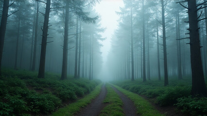 A forest path is shown in the rain with foggy trees