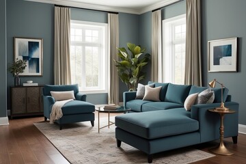 Fototapeta premium Stylish Contemporary Interior Design with Cozy Slate Blue Sofa and Chaise Lounge
