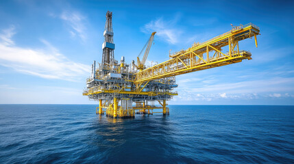 A yellow oil rig is floating in the ocean. The rig is surrounded by water and the sky is blue
