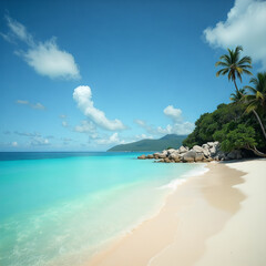 Fototapeta premium A beautiful beach with a clear blue ocean and a palm tree in the background