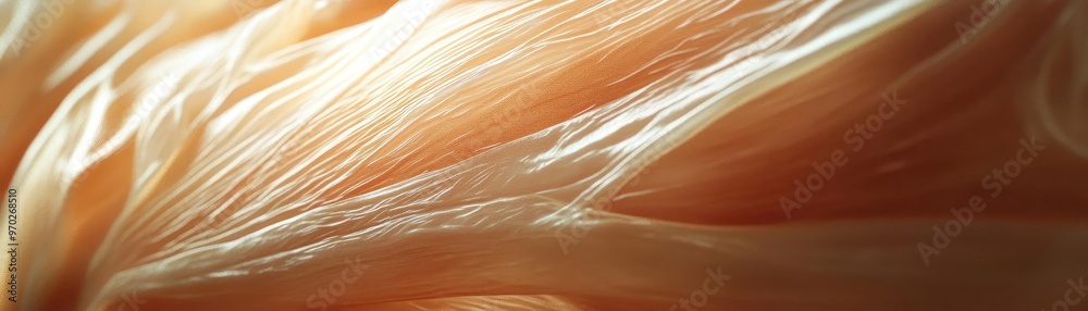 Poster close-up view of soft, flowing fibers in warm, natural tones, showcasing texture and movement in a s