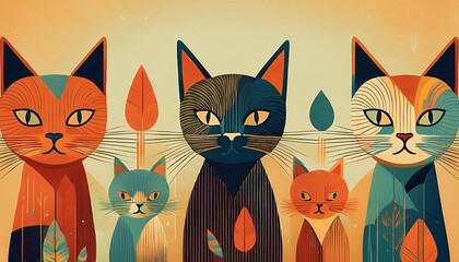 retro vintage cats background minimalist illustration
