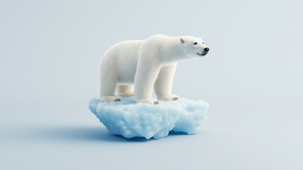 A realistic polar bear figurine stands on a small piece of ice against a soft blue background, highlighting its natural habitat.