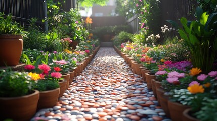 A Stone Pathway Lined with Flower Pots in a Garden