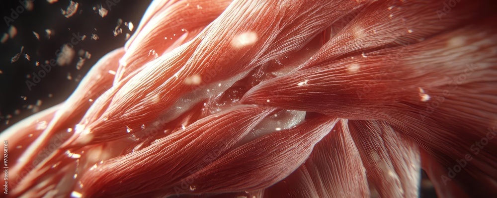 Poster detailed close-up of human muscle fibers showcasing texture and structure in a dramatic lighting env