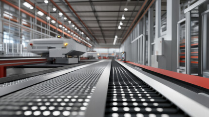 Fototapeta premium A modern industrial warehouse featuring conveyor belt system, showcasing advanced technology and efficient logistics. spacious interior highlights organized workflow and machinery