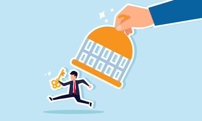 A businessman opening a cage with another businessman running out, holding a key, illustration of A businessman solving the problem by finding the right employee for his company