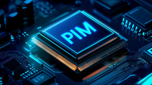 "PIM" letters glowing on dark background. Image of stacked Processing in memory memory chips.