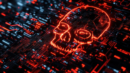 Obraz premium A striking digital representation of glowing red skull against backdrop of intricate circuitry, evoking sense of mystery and technology. vibrant colors and patterns create captivating visual experienc