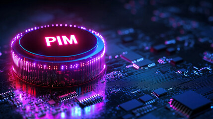 "PIM" letters glowing on dark background. Image of stacked Processing in memory memory chips.