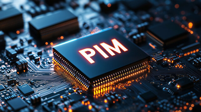 "PIM" letters glowing on dark background. Image of stacked Processing in memory memory chips.