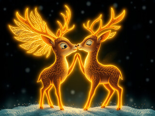 A image of Elk that are portrayed with a soft golden glow outlining their figures, highlighting the fine details of their innocent expressions and delicate features - generated by ai