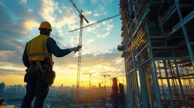 Close-up of an engineer testing the stability of a building s steel frame, sky filled with cranes and half-finished buildings in background, ultra-realistic