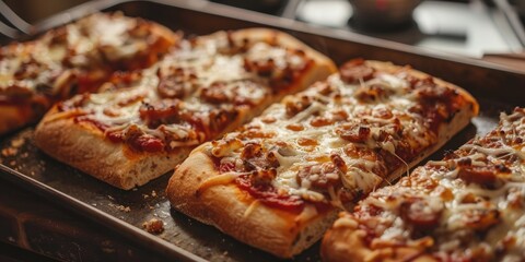Cheese and Sausage Bread Pizza with Tomato Sauce on Metal Tray