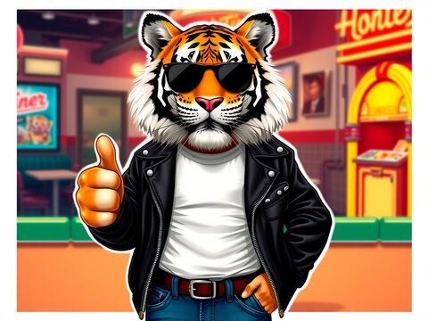 a Siberian tiger styled as a cool cat similar to the iconic Fonzie character from Happy Days, but now wearing stylish black shades. The tiger stands confidently in a relaxed pose- generated by ai