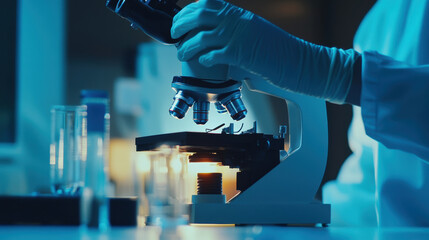 A scientist uses microscope in laboratory, showcasing focused and meticulous approach to research. environment is illuminated with soft glow, enhancing atmosphere of discovery