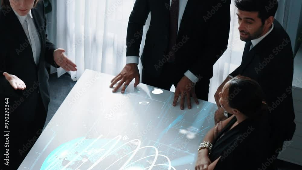 Poster top view of project manager looking hologram of global networking connection table surrounded by div