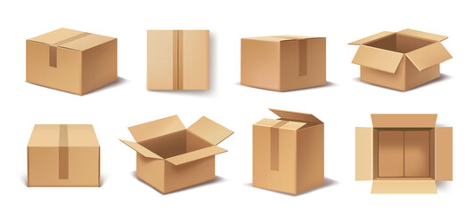 Set of realistic boxes. Front and top views of closed and open cardboard box mockups. Parcel delivery packaging. Design element for banner. 3D vector illustration collection