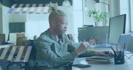 Image of financial data processing over albino afrcian american businessman in office