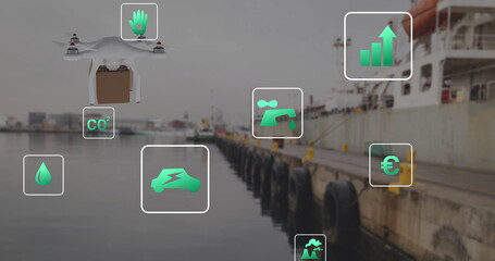 Image of eco icons and data processing over drone with box and sea port