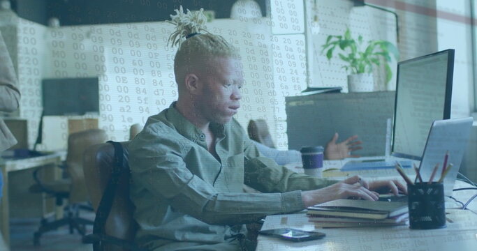 Image of financial data processing over albino afrcian american businessman in office - Powered by Adobe