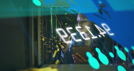 Image of financial data processing over african american businesswoman in server room