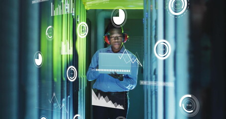Image of financial data processing over african american businessman in server room