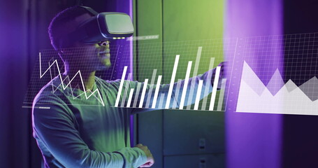 Image of financial data processing over african american businessman in server room