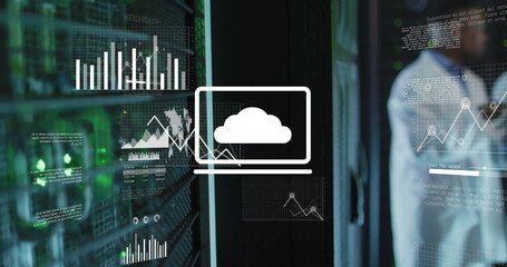 Image of financial data processing over african american scientists in server room