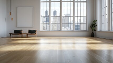 Obraz premium Spacious room with large windows, wooden floor, and modern furnishings, perfect for minimalist interior design.