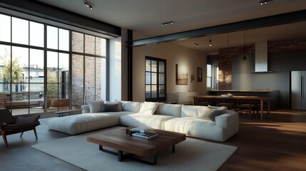 Fototapeta premium Spacious modern living room with large windows, comfortable couch, wooden table, and elegant decor in soft natural lighting.
