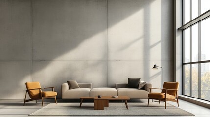 Stylish modern living room featuring a cream sofa, wooden chairs, and natural light from large windows.