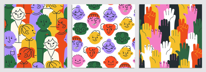 Diverse colorful people seamless pattern. Repeating templates with cute characters, hands and smiling faces. Friendship, community and team. Doodle vector illustration set